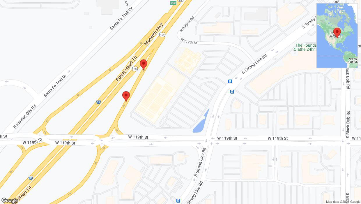 A detailed map that shows the affected road due to 'Broken down vehicle on South Strang Line Road in Olathe' on October 18th at 7:21 p.m.