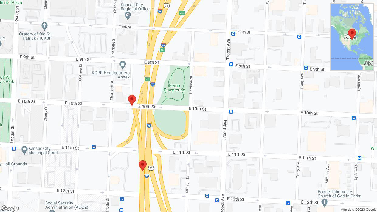 A detailed map that shows the affected road due to 'East 10th Street closed in Kansas City' on October 18th at 9:57 p.m.