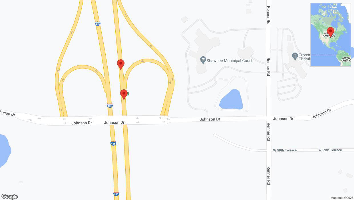 A detailed map that shows the affected road due to 'Broken down vehicle on northbound I-435 in Shawnee' on October 18th at 11:27 p.m.