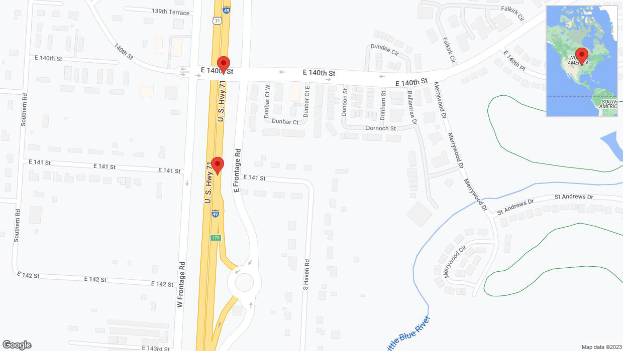 A detailed map that shows the affected road due to 'Broken down vehicle on northbound I-40/US-71 in Grandview' on October 18th at 11:33 p.m.