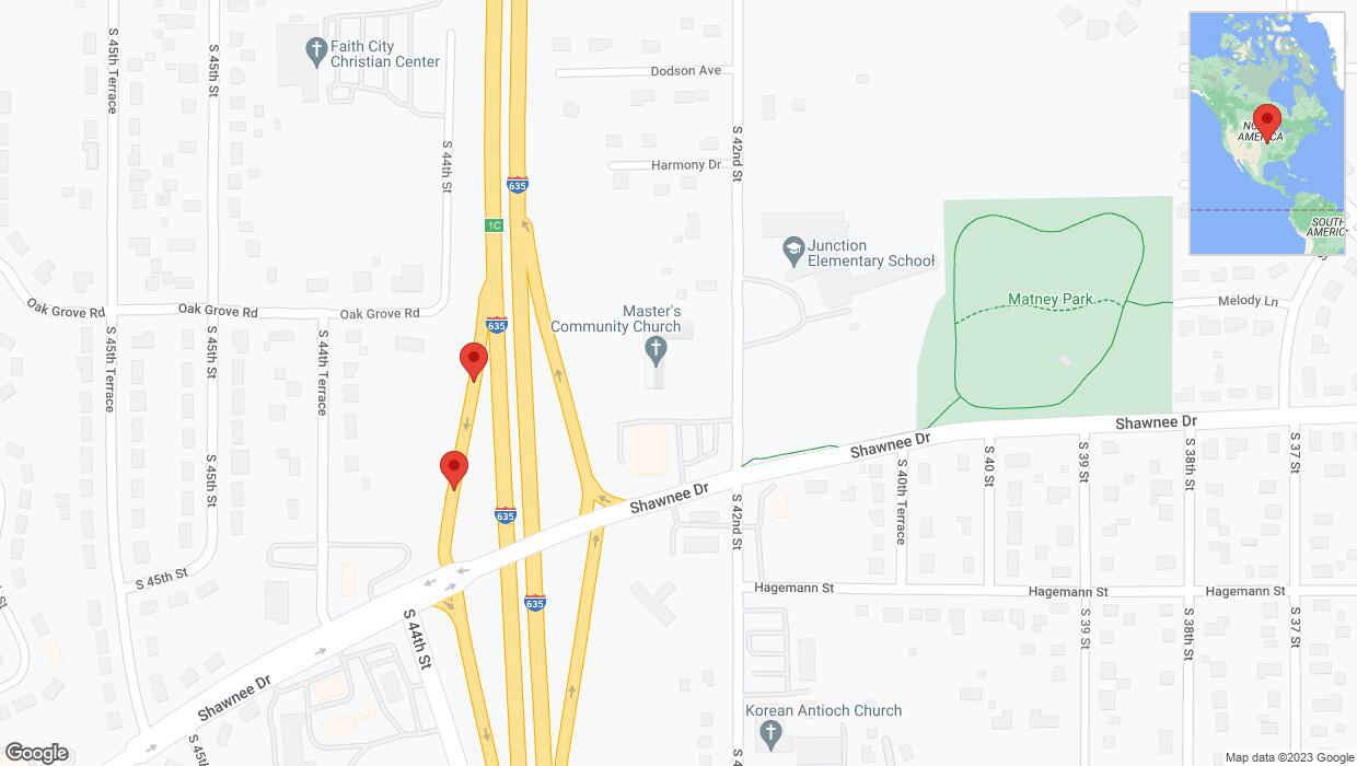 A detailed map that shows the affected road due to 'Broken down vehicle on Oak Grove Road in Kansas City' on October 20th at 6:40 p.m.