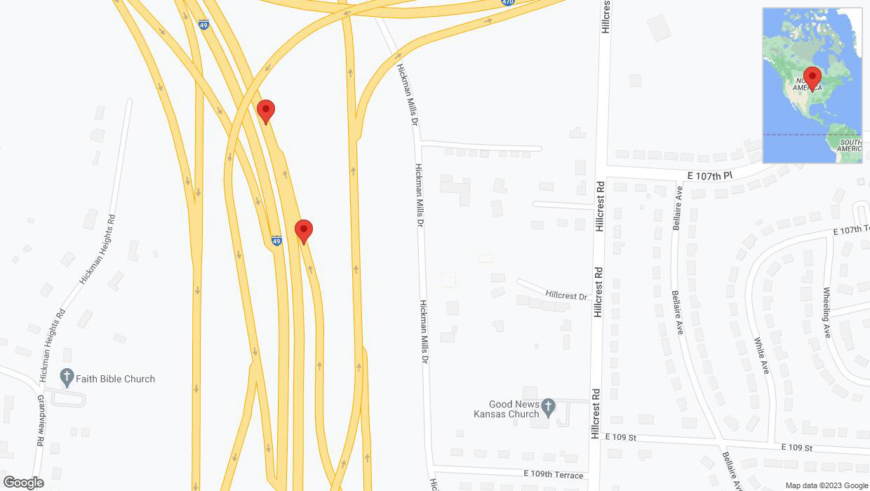A detailed map that shows the affected road due to 'Broken down vehicle on Hickman Mills Drive in Kansas City' on October 19th at 4:08 p.m.