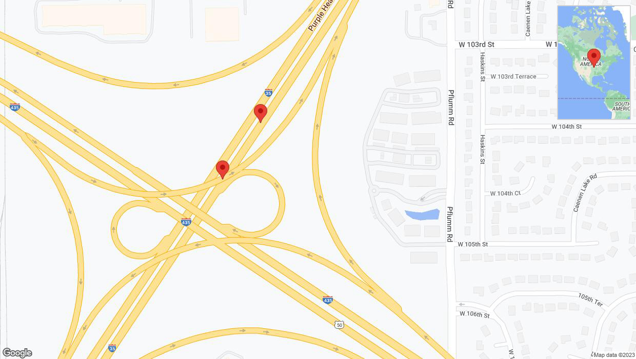 A detailed map that shows the affected road due to 'Broken down vehicle on eastbound I-35 in Lenexa' on October 19th at 12:38 p.m.