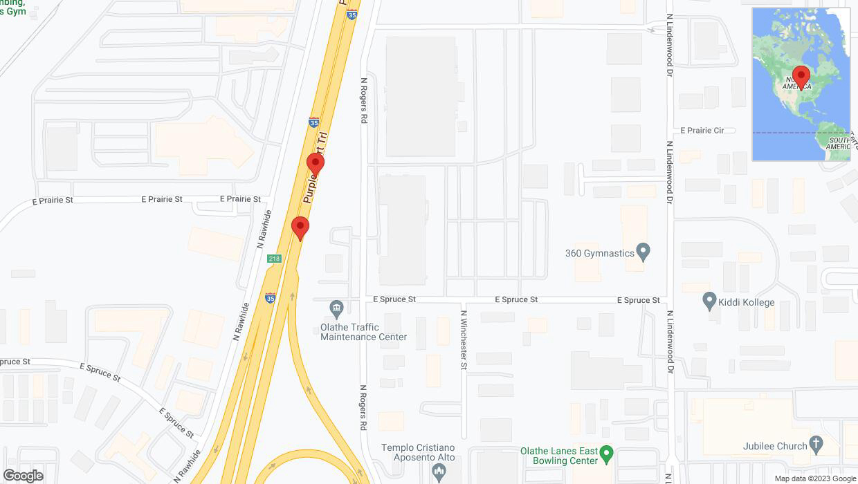 A detailed map that shows the affected road due to 'Broken down vehicle on eastbound I-35 in Olathe' on October 19th at 12:26 p.m.