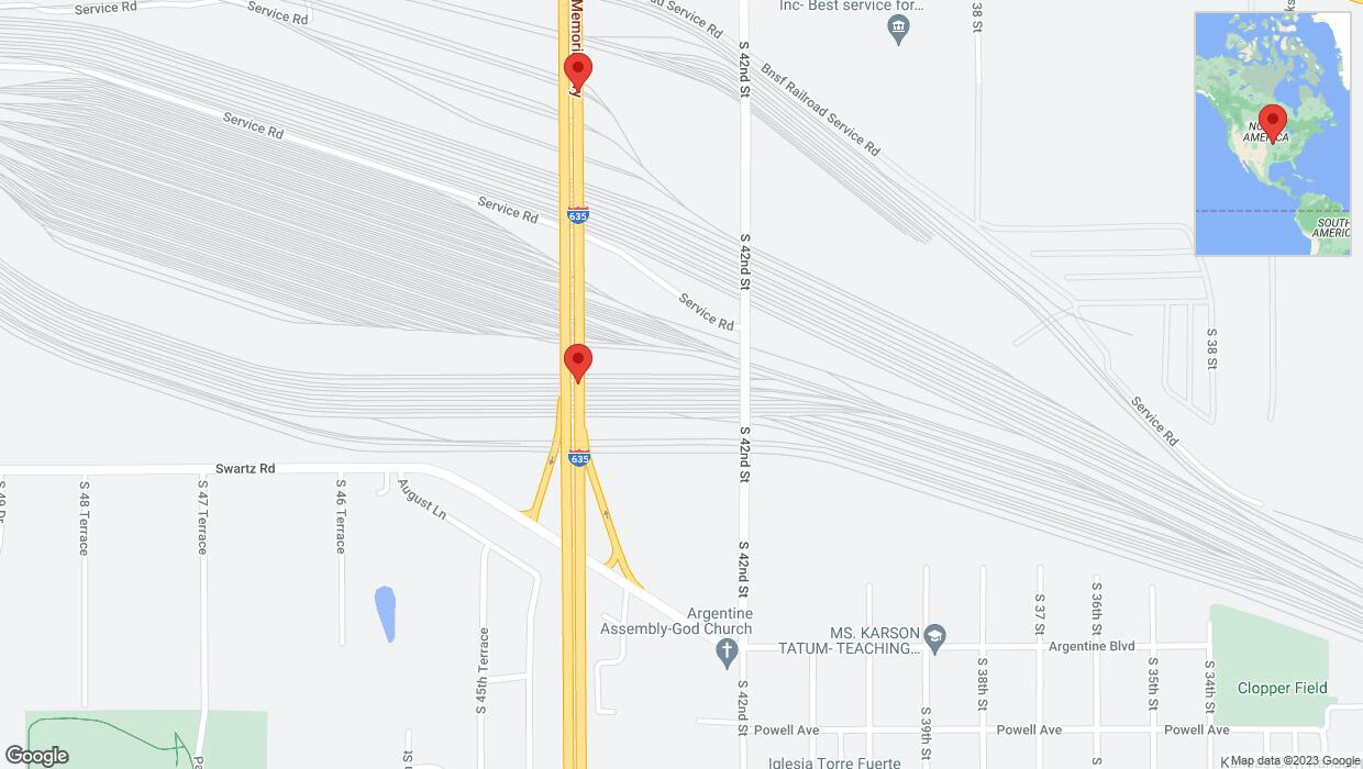 A detailed map that shows the affected road due to 'Left lane on I-635 closed in Kansas City' on October 19th at 3:02 p.m.