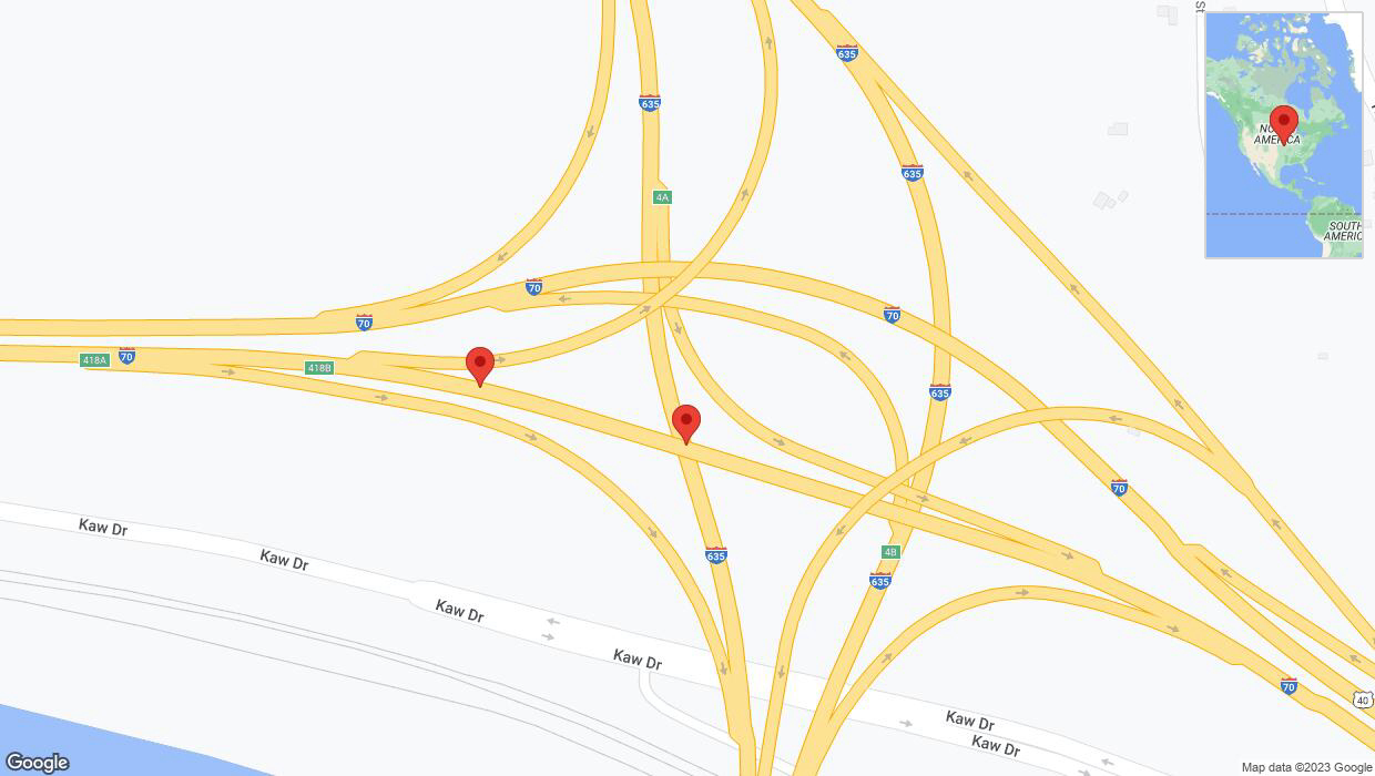 A detailed map that shows the affected road due to 'Broken down vehicle on eastbound I-70 in Kansas City' on October 19th at 3:26 p.m.