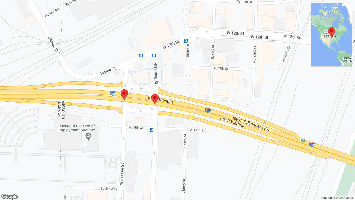 A detailed map that shows the affected road due to 'Broken down vehicle on eastbound I-670 in Kansas City' on October 19th at 6:50 p.m.