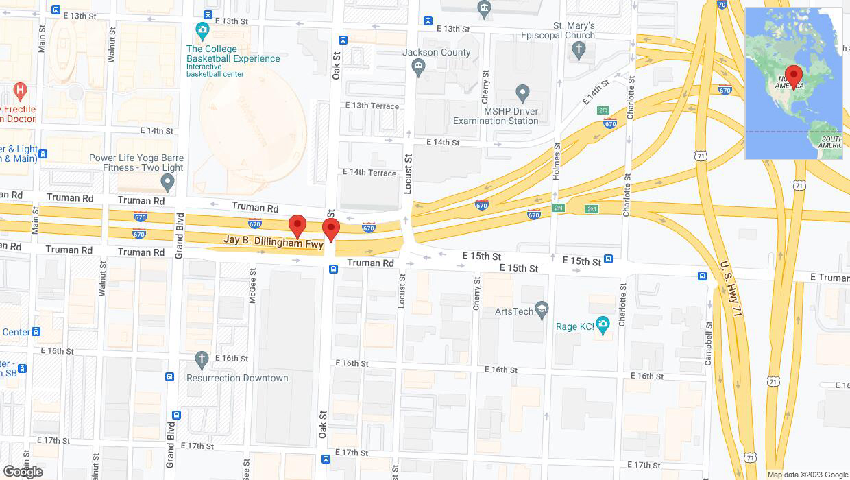 A detailed map that shows the affected road due to 'Broken down vehicle on eastbound I-670 in Kansas City' on October 19th at 5:50 p.m.