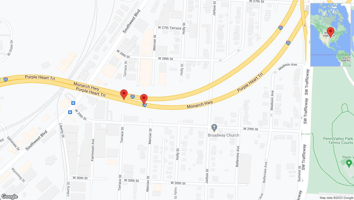 A detailed map that shows the affected road due to 'Broken down vehicle on northbound I-35 in Kansas City' on October 19th at 8:44 p.m.