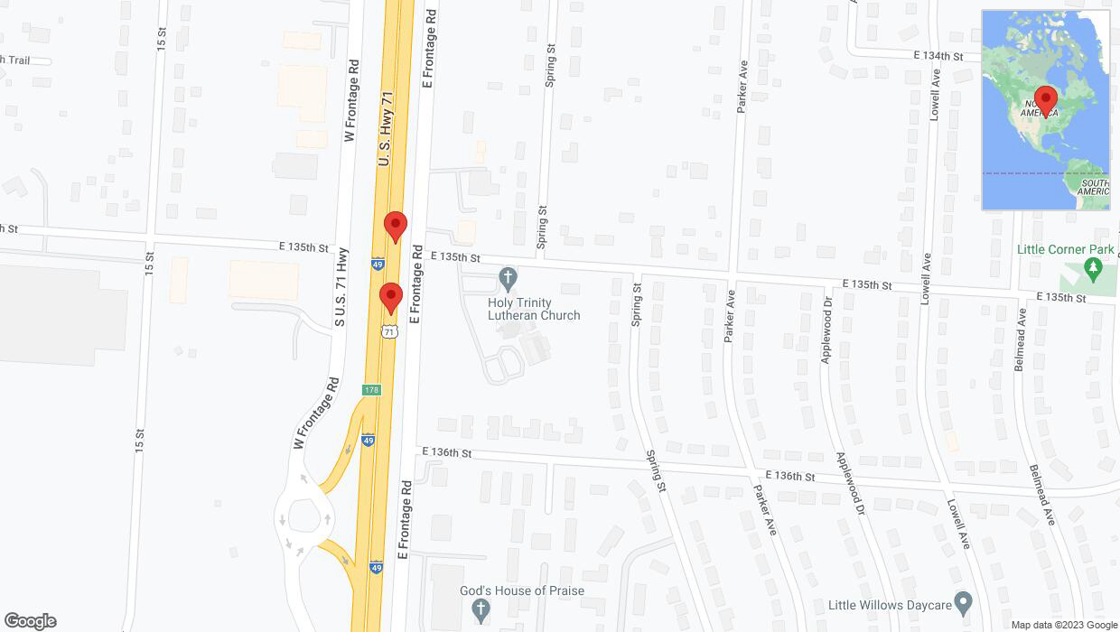 A detailed map that shows the affected road due to 'Broken down vehicle on northbound I-40/US-71 in Grandview' on October 20th at 3:34 p.m.