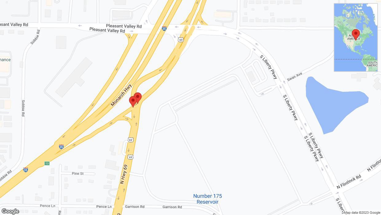 A detailed map that shows the affected road due to 'Warning in Liberty: Crash reported on northbound US-69 North' on October 20th at 6:46 p.m.