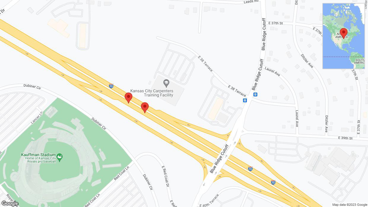 A detailed map that shows the affected road due to 'Broken down vehicle on eastbound I-70 in Kansas City' on October 20th at 7:04 p.m.