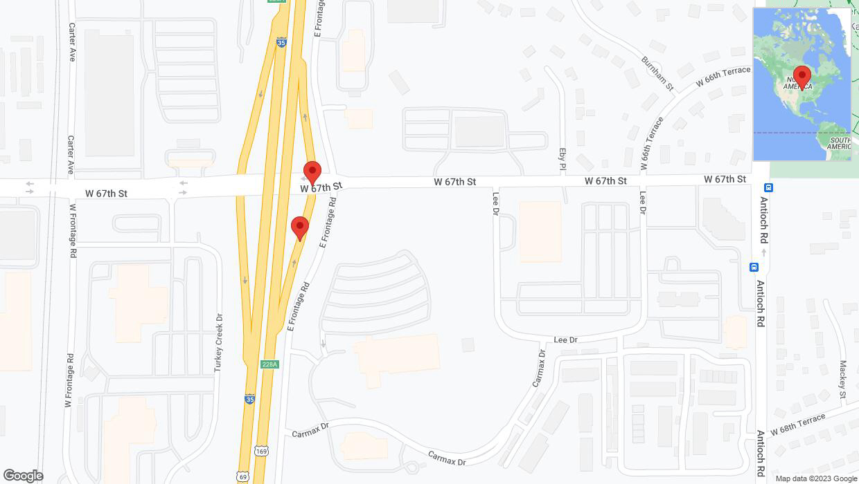 A detailed map that shows the affected road due to 'Broken down vehicle on East Frontage Road in Merriam' on October 20th at 7:46 p.m.