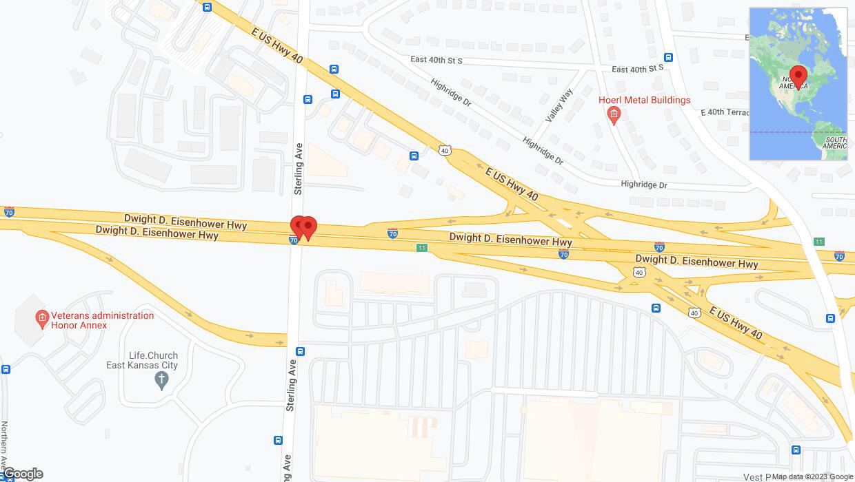 A detailed map that shows the affected road due to 'Broken down vehicle on eastbound I-70 in Kansas City' on October 20th at 8:10 p.m.