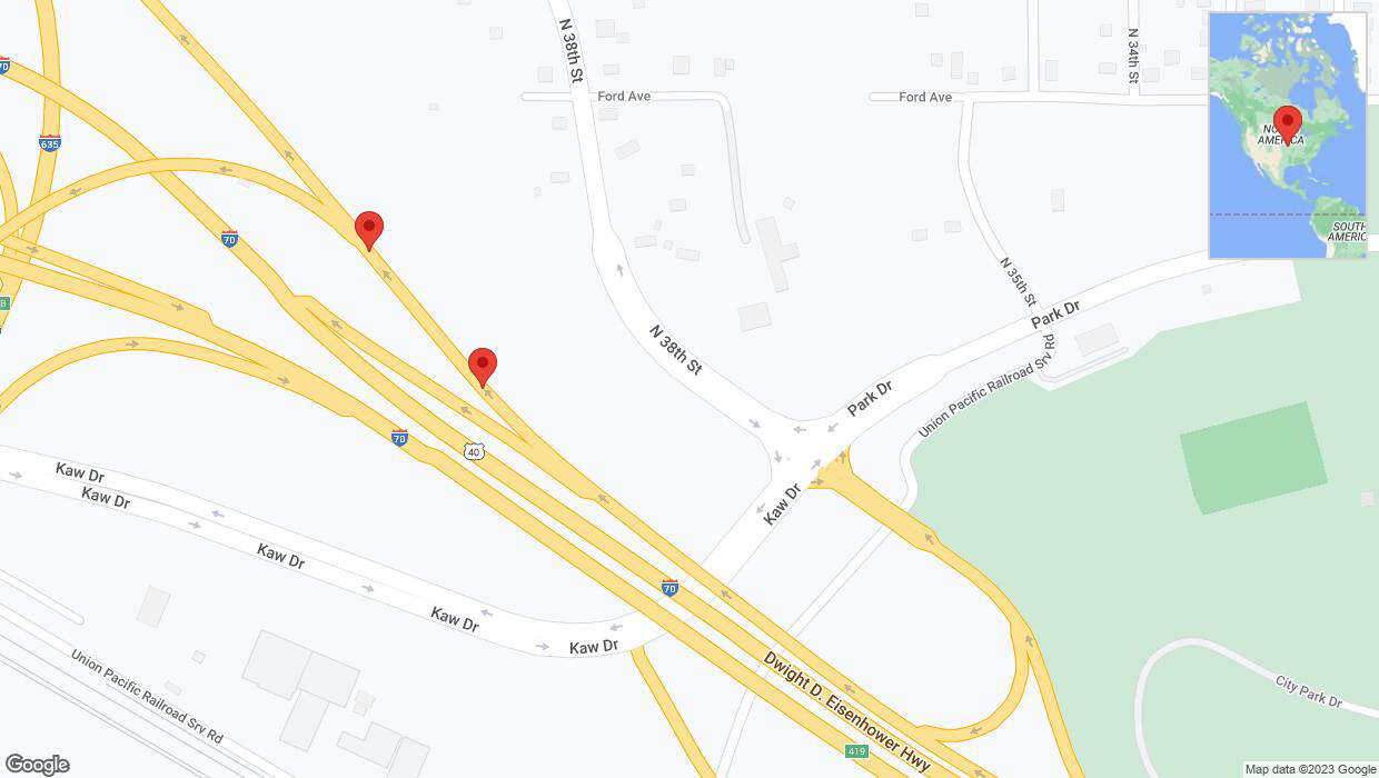 A detailed map that shows the affected road due to 'Broken down vehicle in Kansas City' on October 20th at 9:51 p.m.