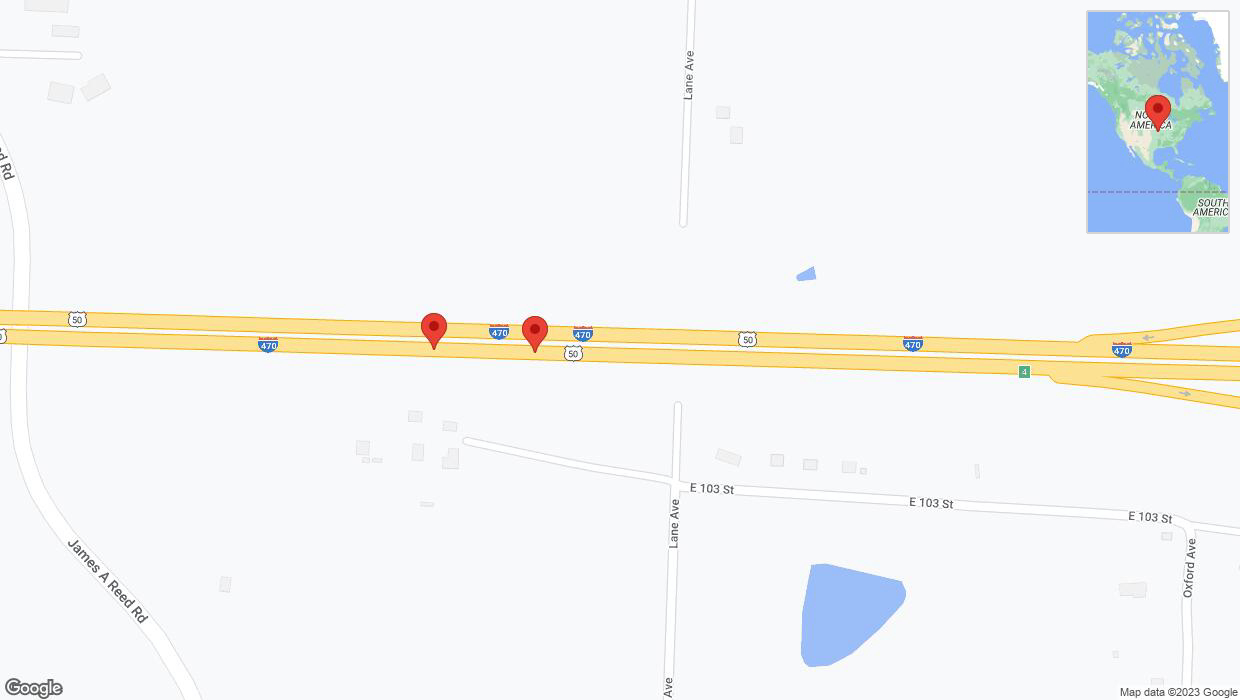 A detailed map that shows the affected road due to 'Broken down vehicle on eastbound I-470 in Kansas City' on October 21st at 4:41 p.m.