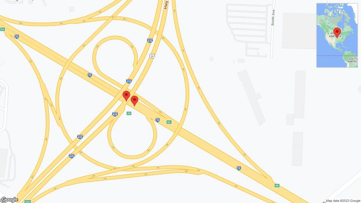 A detailed map that shows the affected road due to 'Broken down vehicle on eastbound I-70 in Kansas City' on October 21st at 6:29 p.m.