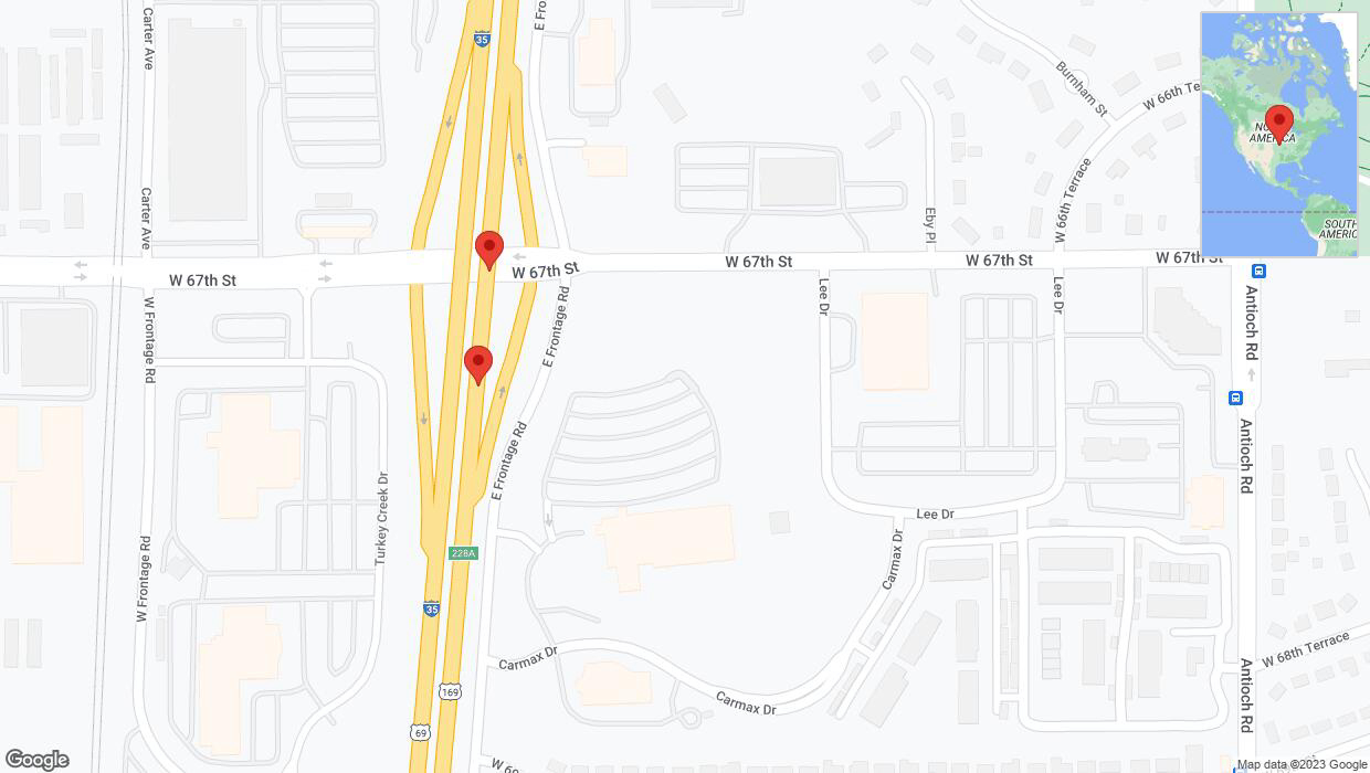 A detailed map that shows the affected road due to 'Broken down vehicle on eastbound I-35 in Merriam' on October 22nd at 12:54 p.m.