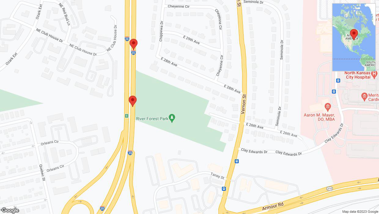 A detailed map that shows the affected road due to 'Broken down vehicle on northbound I-29/I-35 in North Kansas City' on October 22nd at 3 p.m.
