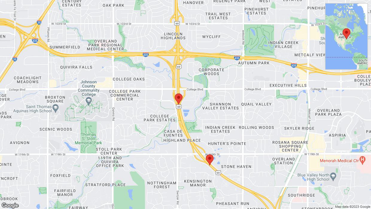 A detailed map that shows the affected road due to 'Lane on US-69 closed in Overland Park' on October 22nd at 2:24 p.m.