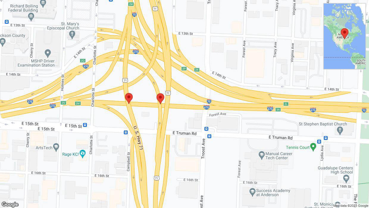 A detailed map that shows the affected road due to 'Broken down vehicle on eastbound I-670 in Kansas City' on October 22nd at 5:12 p.m.