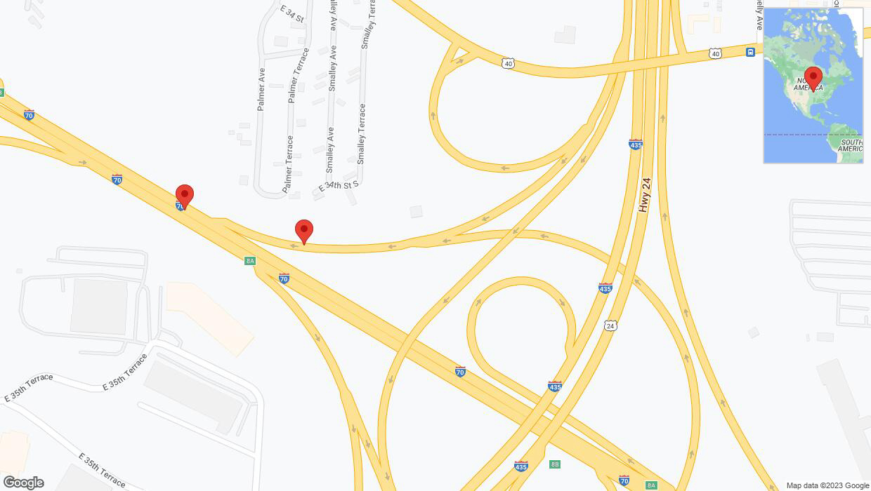 A detailed map that shows the affected road due to 'Crash reported on Palmer Terrace in Kansas City' on October 22nd at 5:30 p.m.