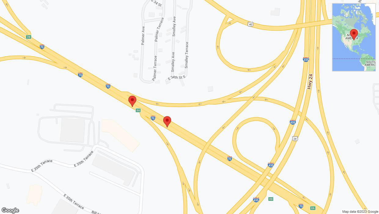 A detailed map that shows the affected road due to 'Broken down vehicle on eastbound I-70 in Kansas City' on October 22nd at 8:12 p.m.