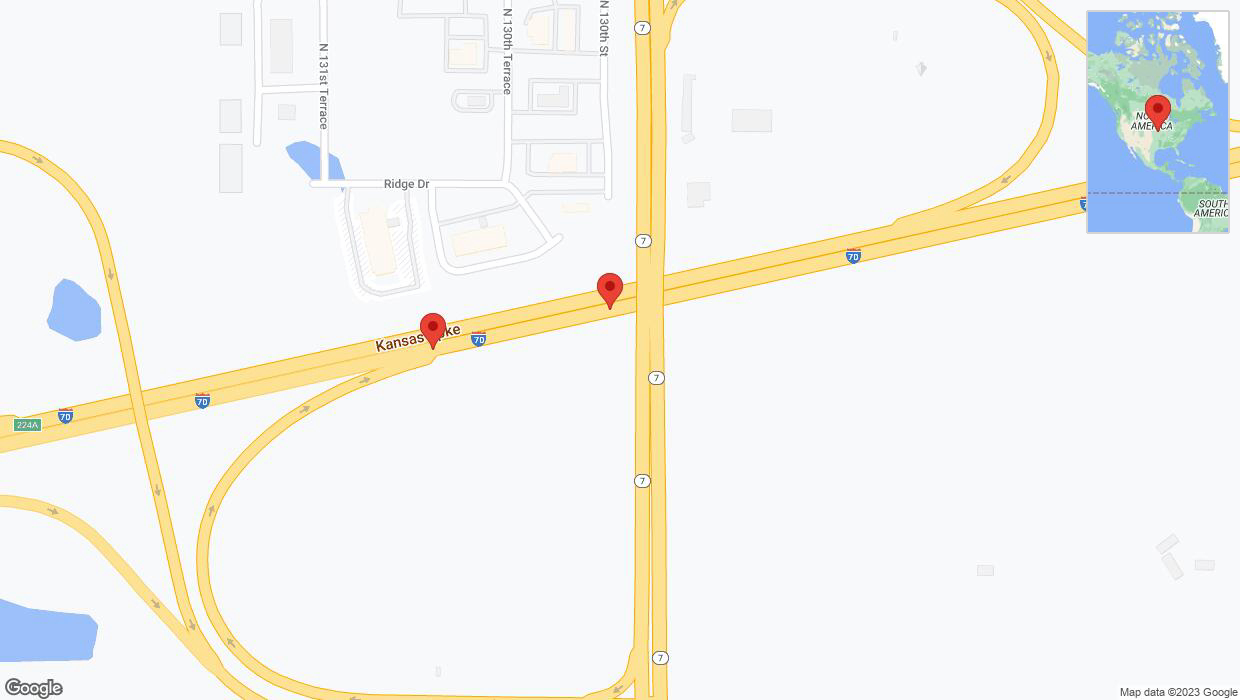 A detailed map that shows the affected road due to 'Broken down vehicle on eastbound I-70 in Bonner Springs' on October 22nd at 9:18 p.m.