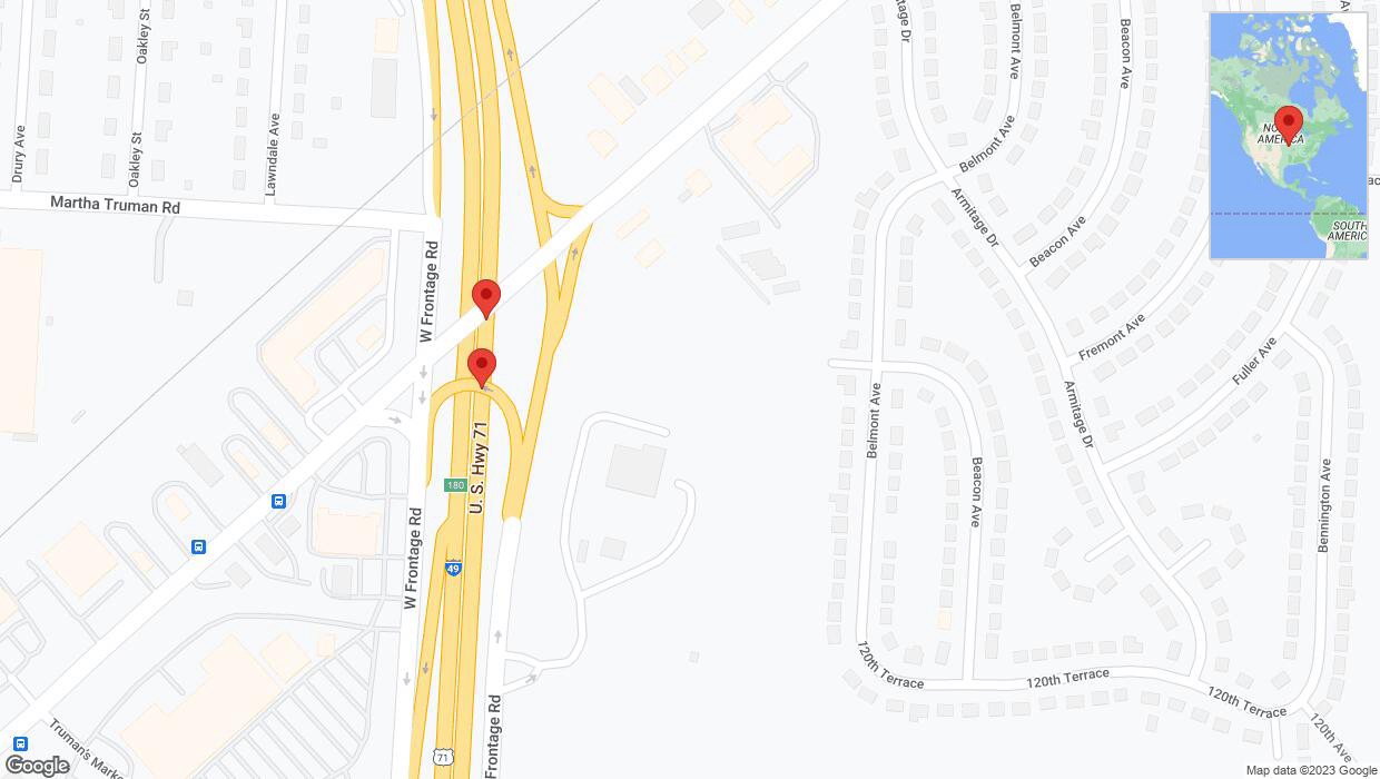 A detailed map that shows the affected road due to 'Crash reported on northbound I-40/US-71 in Grandview' on October 22nd at 9:42 p.m.