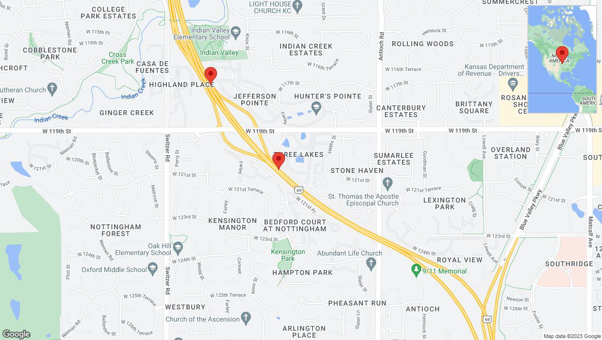 A detailed map that shows the affected road due to 'US-69 closed in Overland Park' on October 22nd at 9:48 p.m.