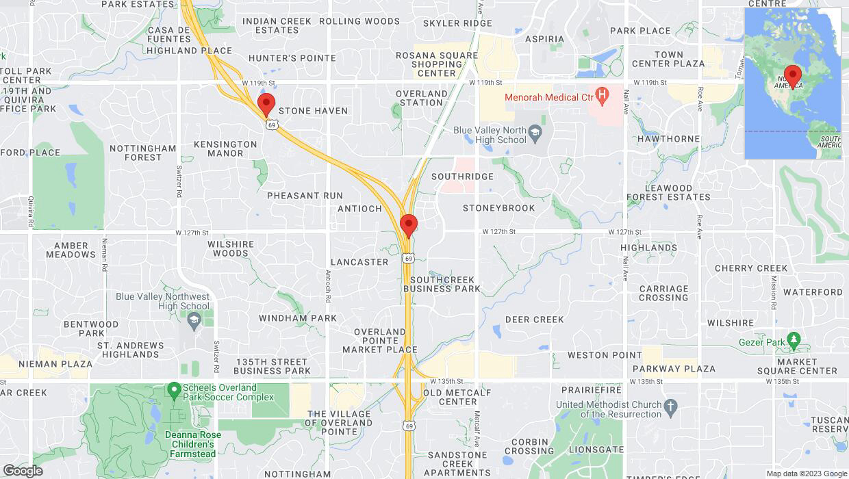 A detailed map that shows the affected road due to 'US-69 temporarily closed in Overland Park' on October 22nd at 9:48 p.m.