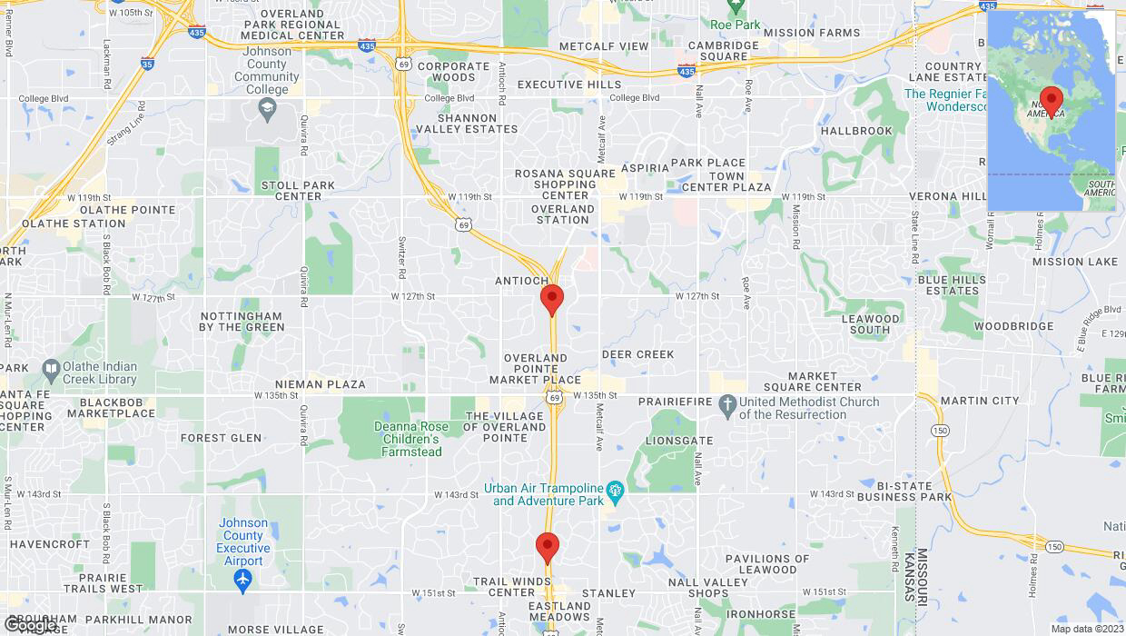 A detailed map that shows the affected road due to 'Lane on US-69 closed in Overland Park' on October 23rd at 5:06 p.m.