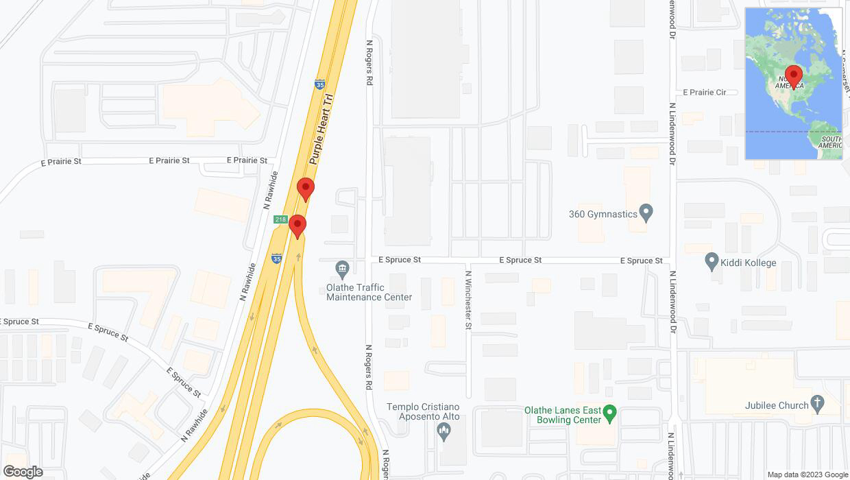 A detailed map that shows the affected road due to 'Broken down vehicle on eastbound I-35 in Olathe' on October 25th at 12 p.m.