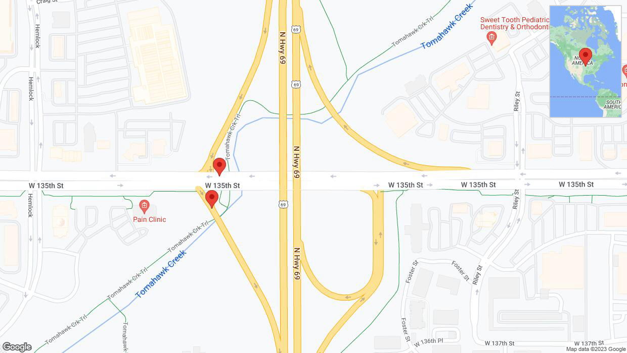 A detailed map that shows the affected road due to 'West 135th Street closed in Overland Park' on October 23rd at 12:12 p.m.