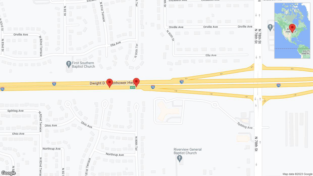 A detailed map that shows the affected road due to 'Broken down vehicle on eastbound I-70 in Kansas City' on October 23rd at 1:24 p.m.