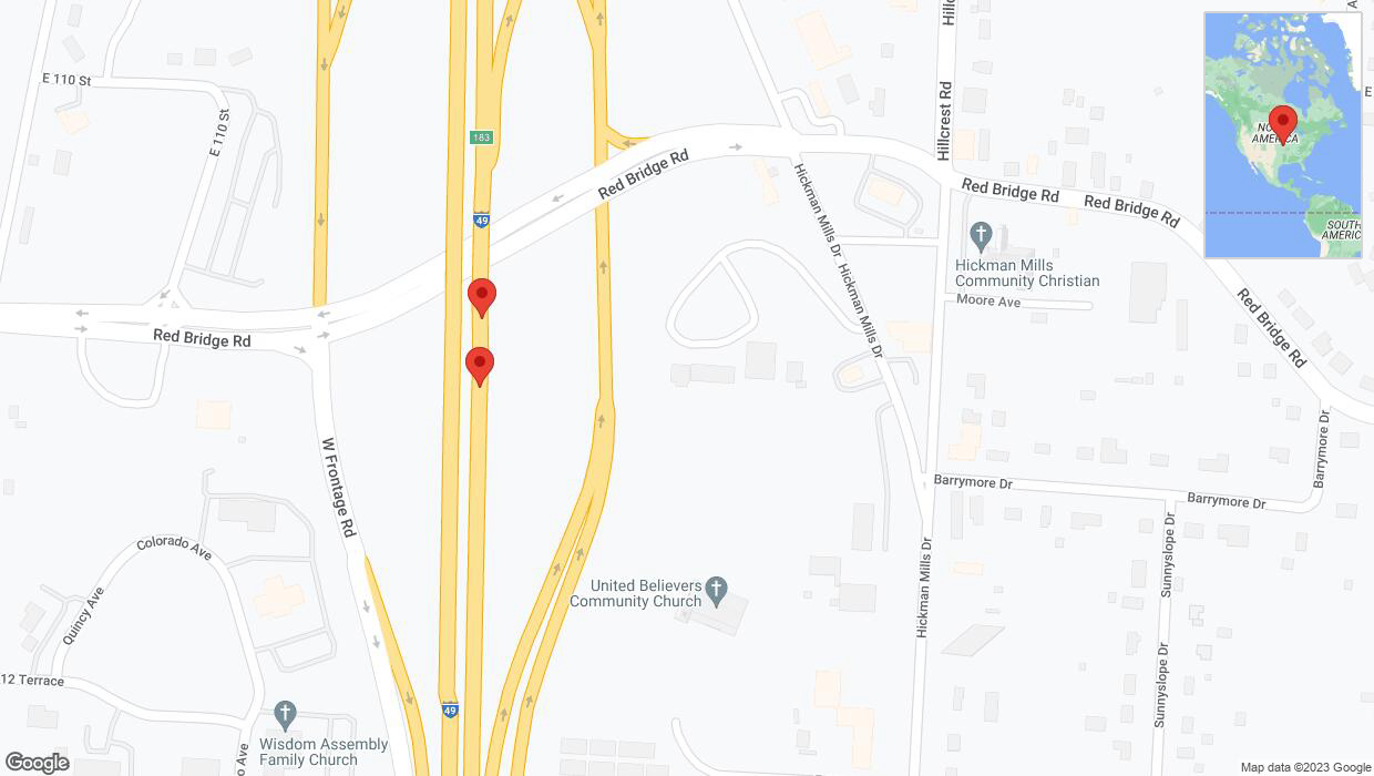 A detailed map that shows the affected road due to 'Broken down vehicle on northbound I-40/US-71 in Kansas City' on October 23rd at 1:12 p.m.