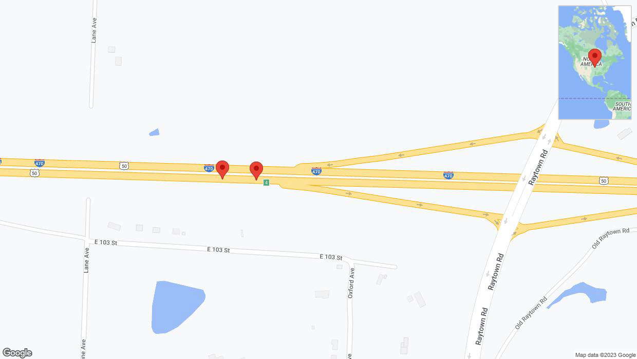 A detailed map that shows the affected road due to 'Broken down vehicle on eastbound I-470 in Kansas City' on October 23rd at 1:12 p.m.