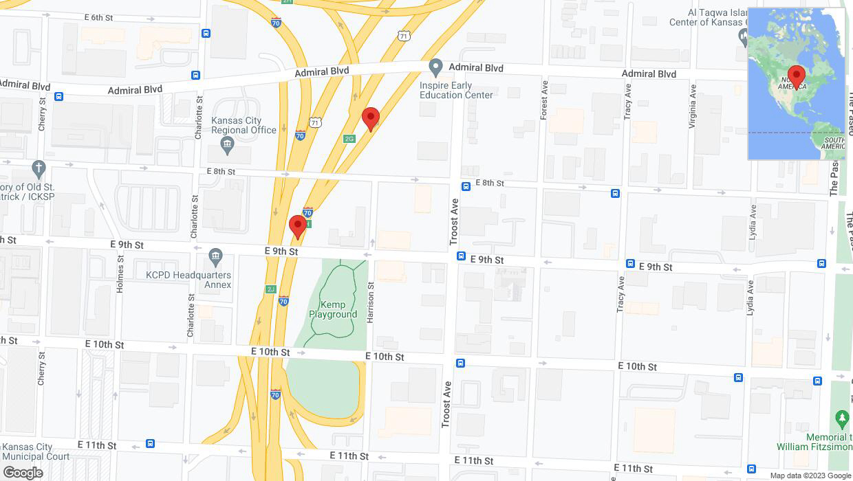 A detailed map that shows the affected road due to 'Warning: Crash on East 9th Street in Kansas City' on October 23rd at 1:30 p.m.
