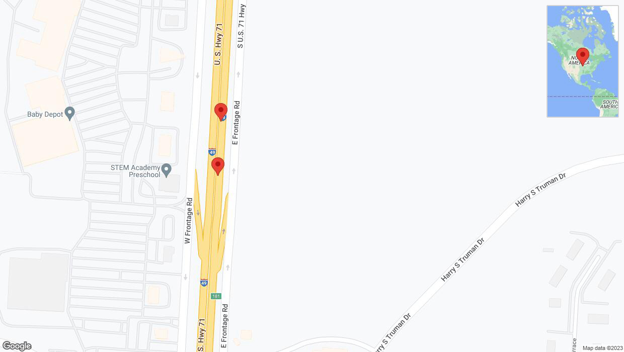 A detailed map that shows the affected road due to 'Broken down vehicle on northbound I-40/US-71 in Grandview' on October 23rd at 5:30 p.m.