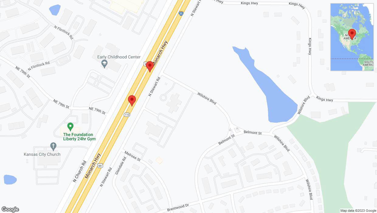 A detailed map that shows the affected road due to 'Broken down vehicle on northbound I-35 in Liberty' on October 23rd at 1:48 p.m.
