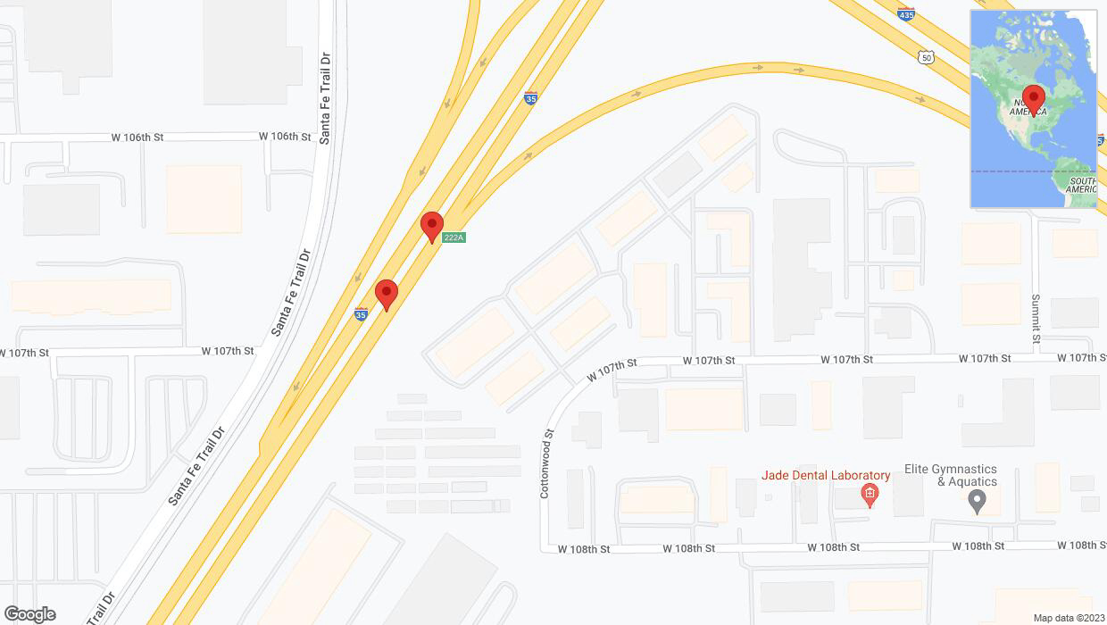 A detailed map that shows the affected road due to 'Broken down vehicle on eastbound I-35 in Lenexa' on October 23rd at 2:42 p.m.