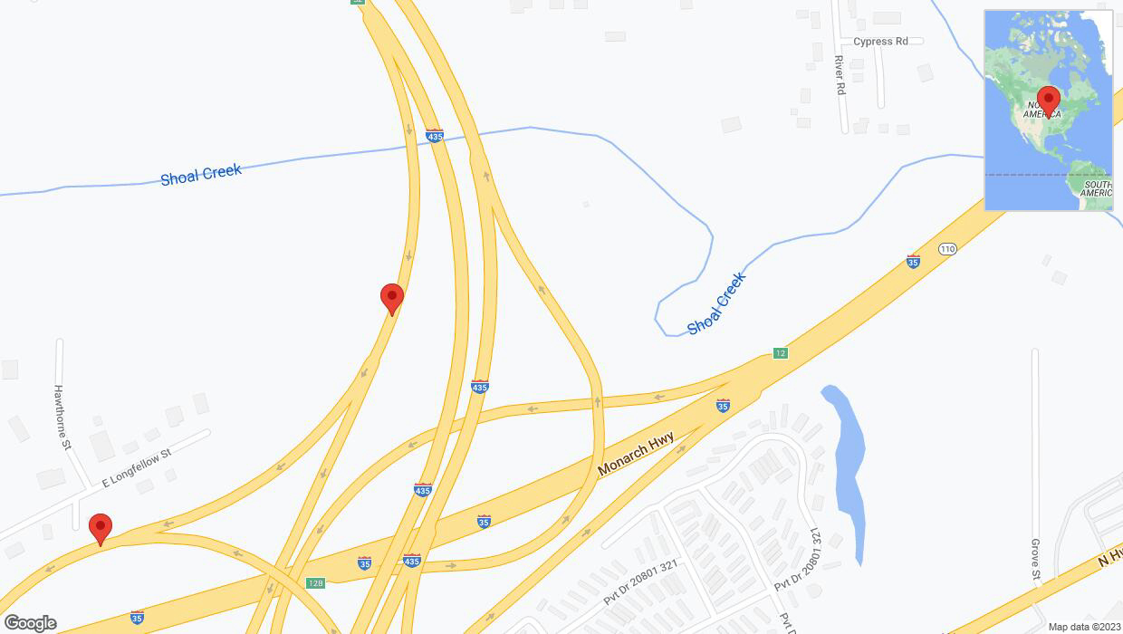 A detailed map that shows the affected road due to 'Broken down vehicle on Interstate 435 in Claycomo' on October 23rd at 3:12 p.m.