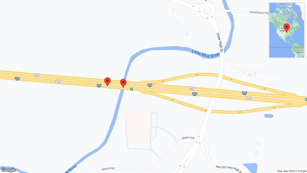 A detailed map that shows the affected road due to 'Broken down vehicle on eastbound I-470 in Kansas City' on October 23rd at 3:42 p.m.