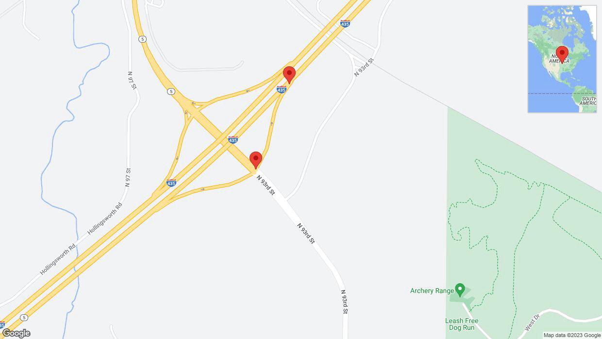 A detailed map that shows the affected road due to 'Broken down vehicle on Kansas 5 in Kansas City' on October 23rd at 3:54 p.m.