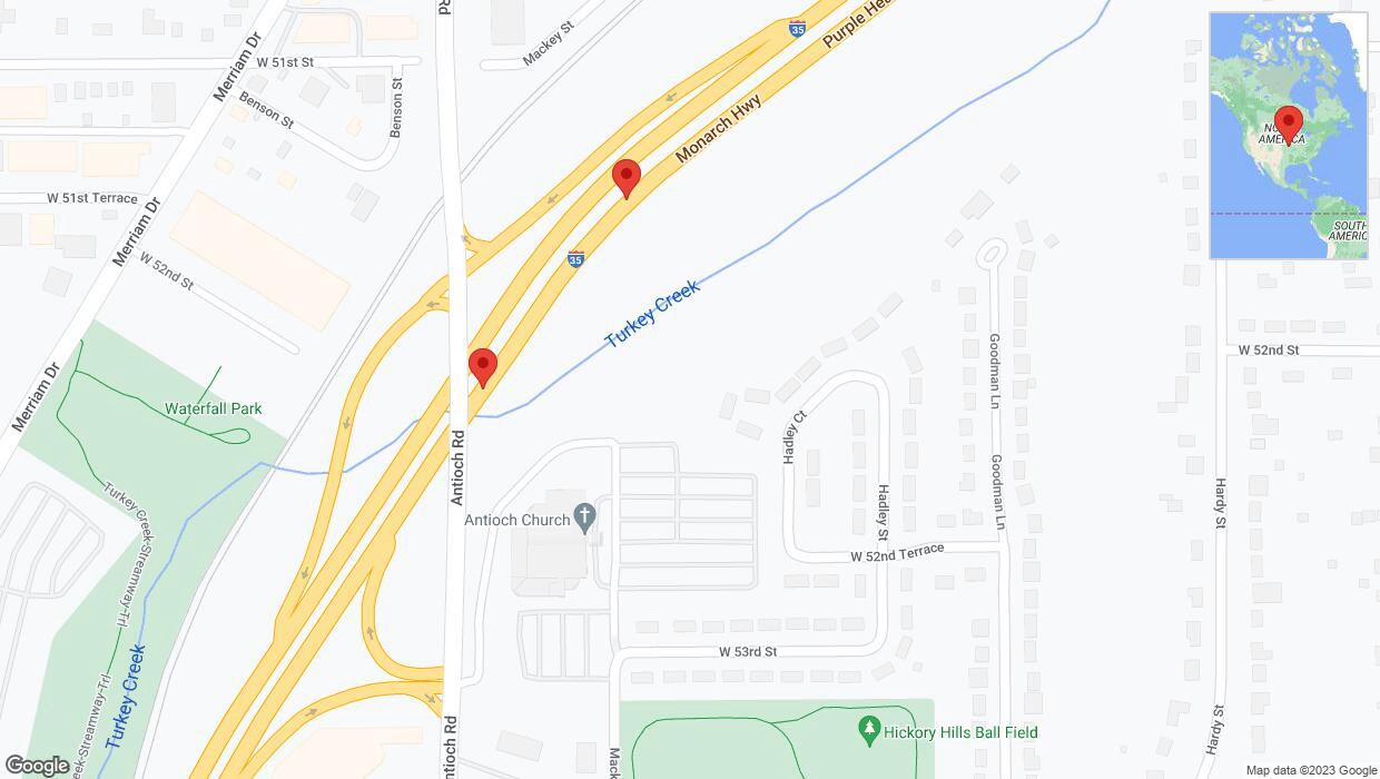 A detailed map that shows the affected road due to 'Broken down vehicle on northbound I-35 in Overland Park' on October 23rd at 7:36 p.m.