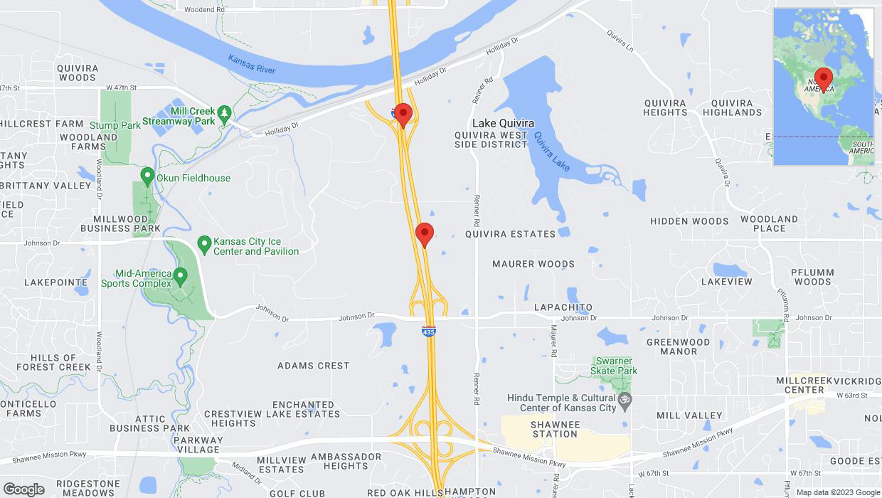 A detailed map that shows the affected road due to 'Warning in Shawnee: Crash reported on northbound I-435' on October 23rd at 5 p.m.