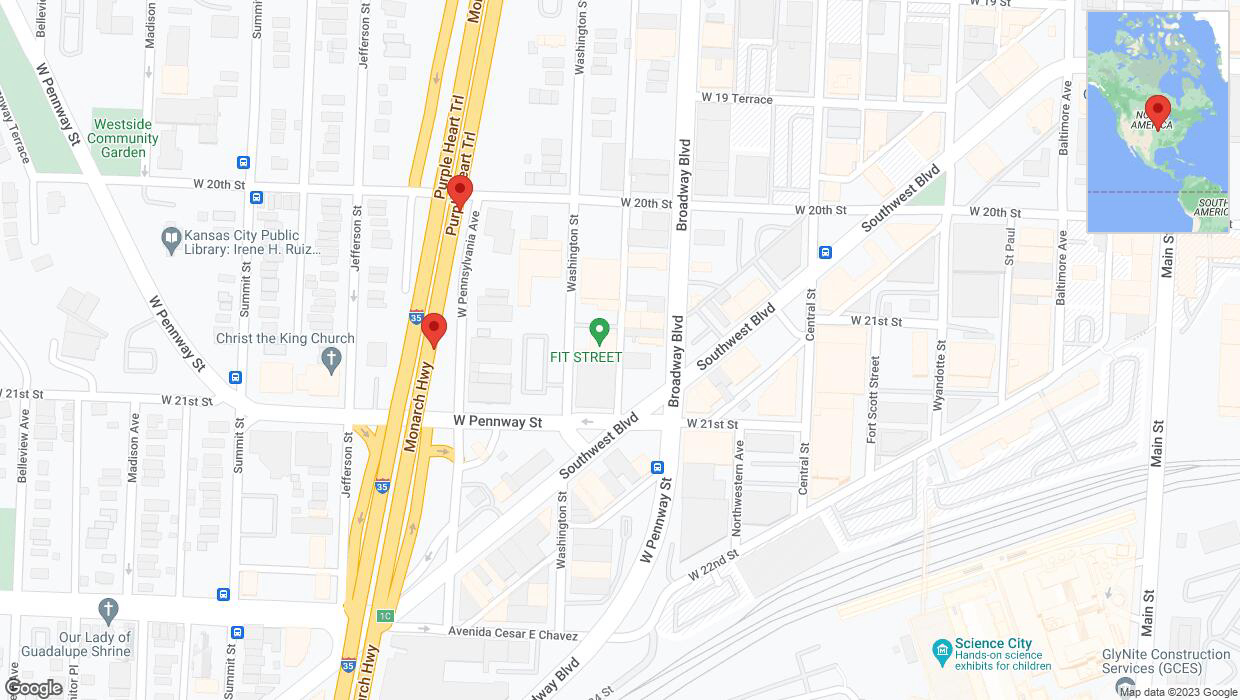 A detailed map that shows the affected road due to 'Broken down vehicle on northbound I-35 in Kansas City' on October 23rd at 7:30 p.m.