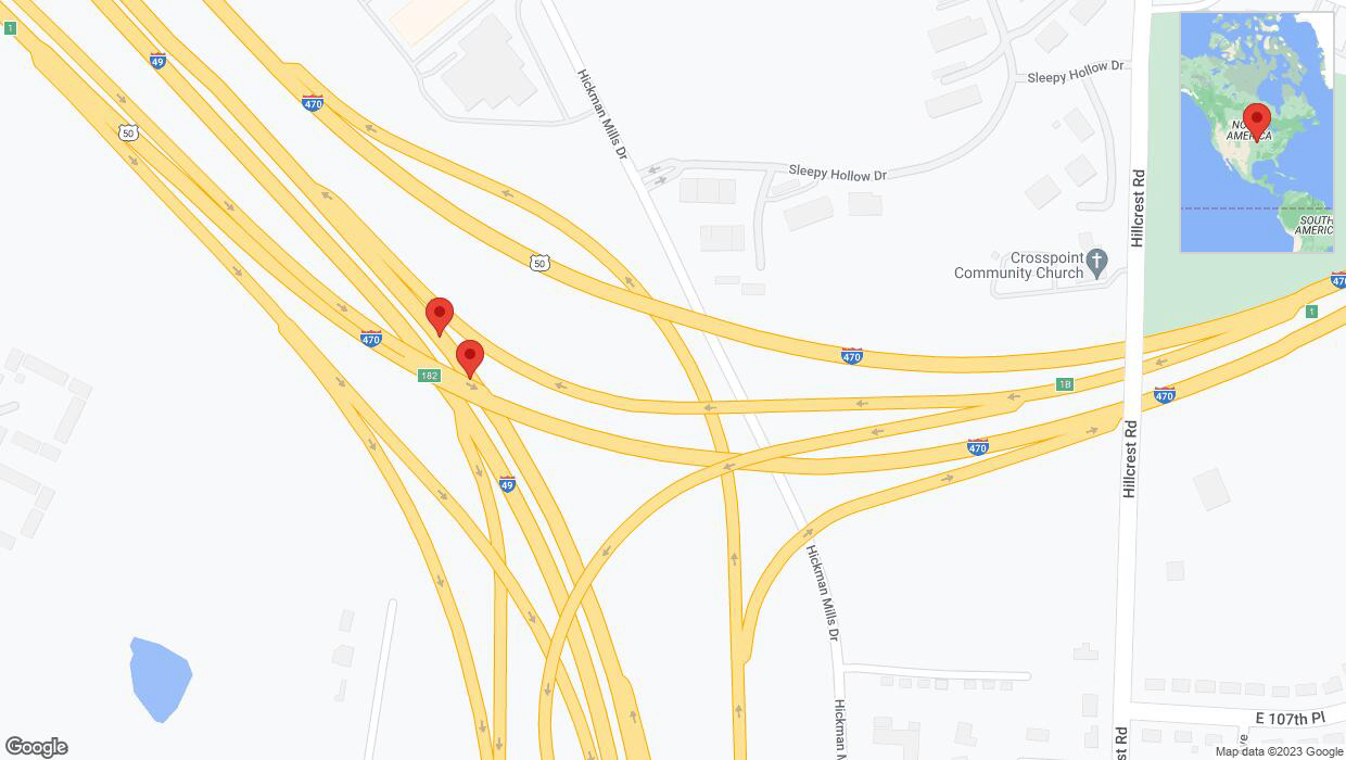 A detailed map that shows the affected road due to 'Broken down vehicle on northbound I-40/US-71 in Kansas City' on October 23rd at 10:06 p.m.