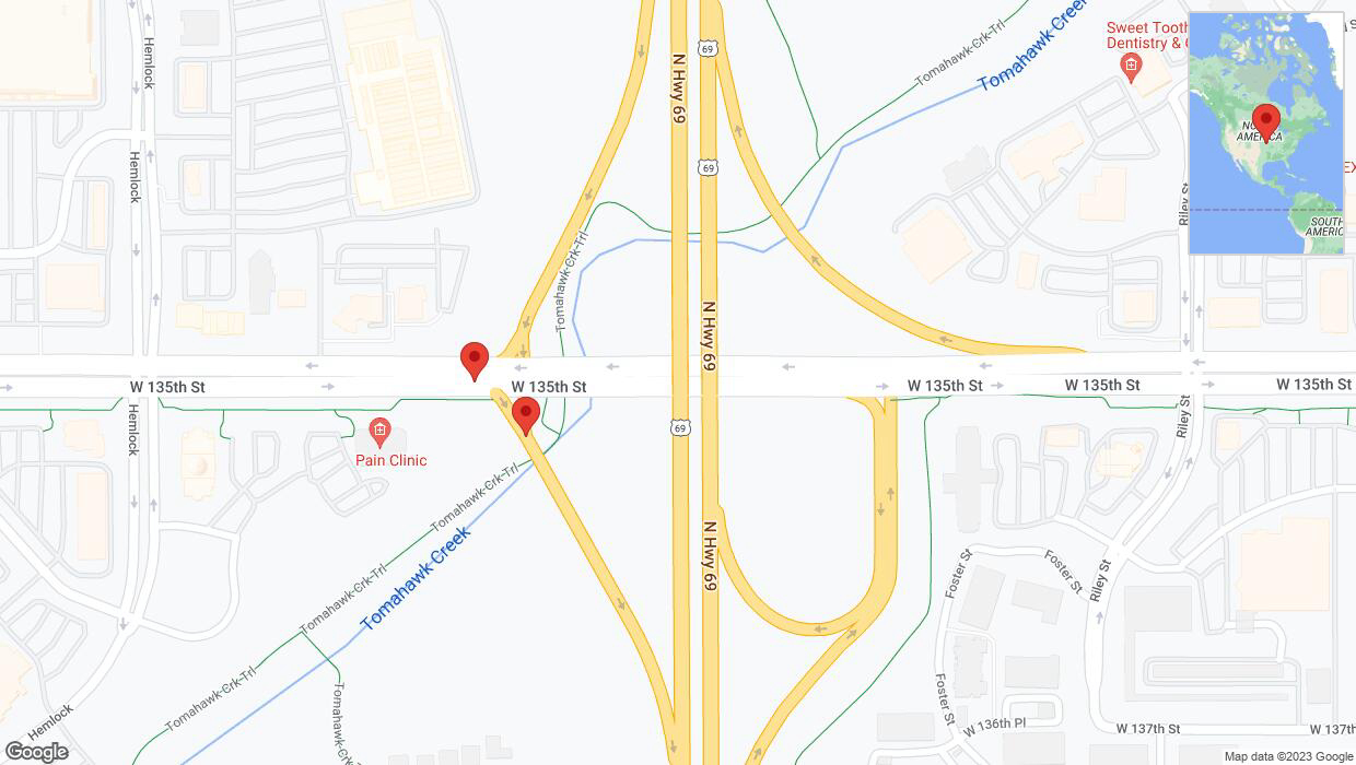 A detailed map that shows the affected road due to 'West 135th Street closed in Overland Park' on October 23rd at 10:54 p.m.