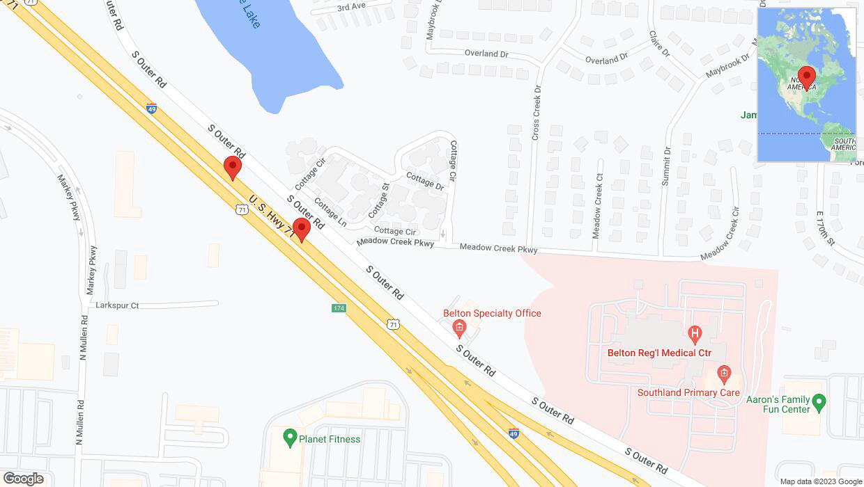 A detailed map that shows the affected road due to 'Broken down vehicle on northbound I-40/US-71 in Belton' on October 24th at 1:54 p.m.